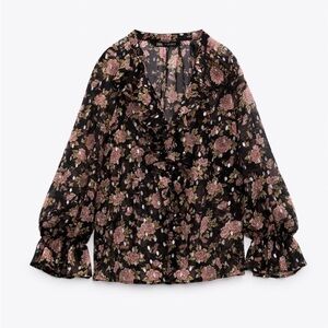 Zara Dark Floral Print Chiffon Ruffled Blouse Size M
